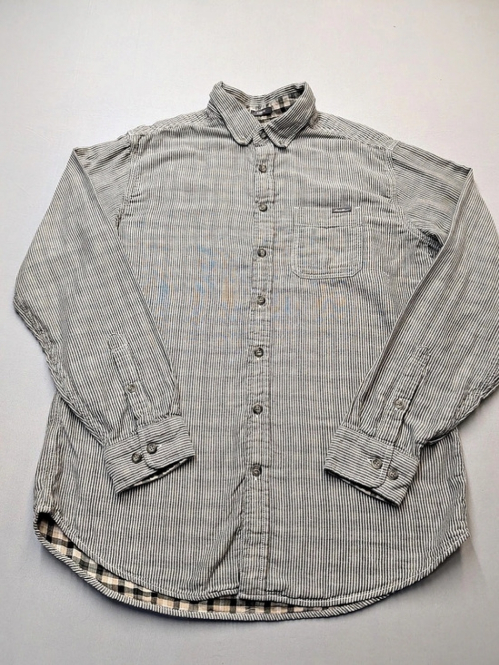Eddie Bauer Gray Chambray Shirt Men's Size TL Long Sleeve Button Up Classic Fit